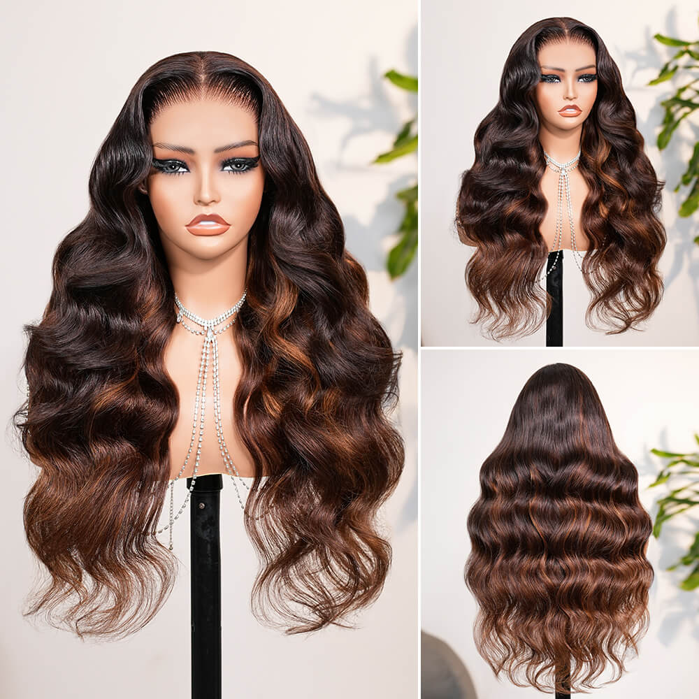 Megalook 13x6 Three-Go™ Glueless Wig Chestnut Brown Ombre Body Wave With Drawstring 100% Human Hair Wig