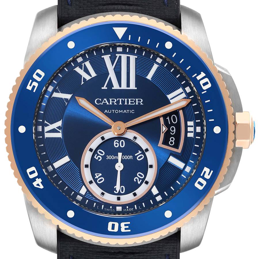Cartier Calibre Diver Steel Rose Gold Blue Dial Mens Watch W2CA0008 Card