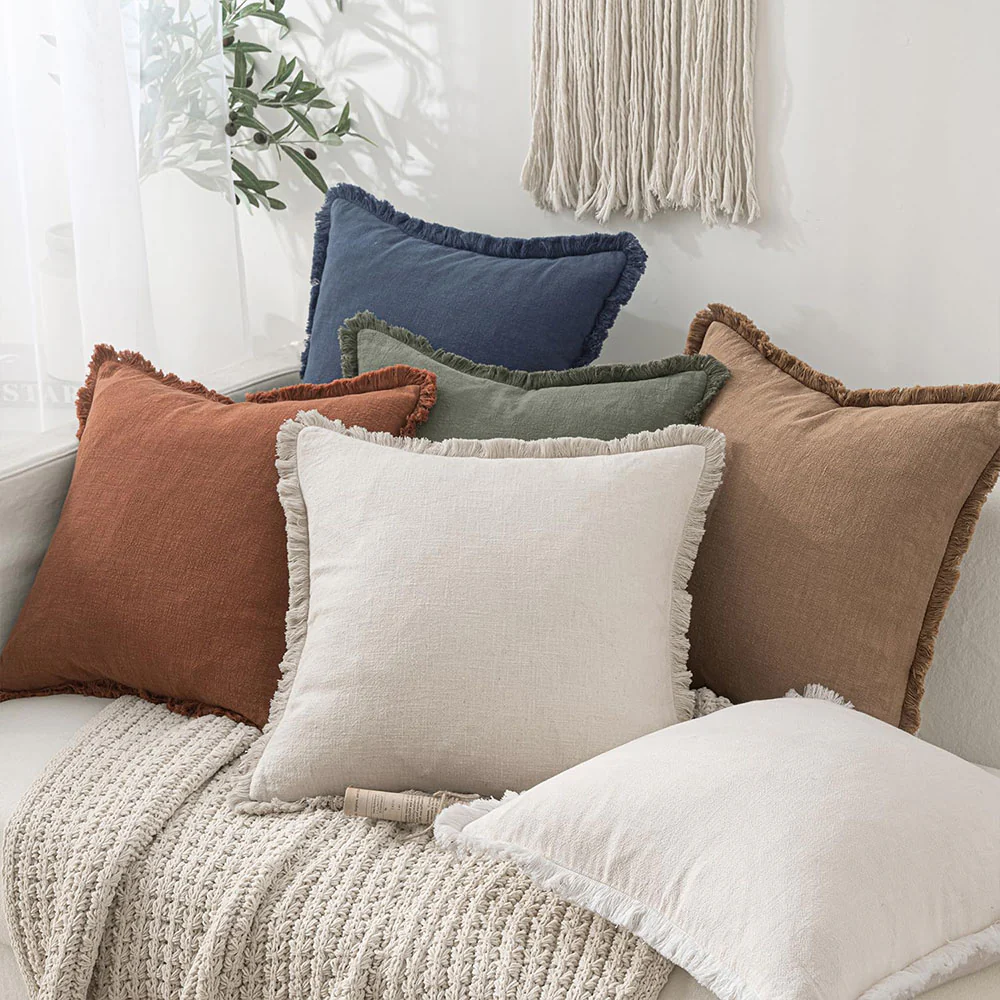 Linen Pillow Covers Natural Decorative Throw Pillows with Fringe (Pack of 2)
