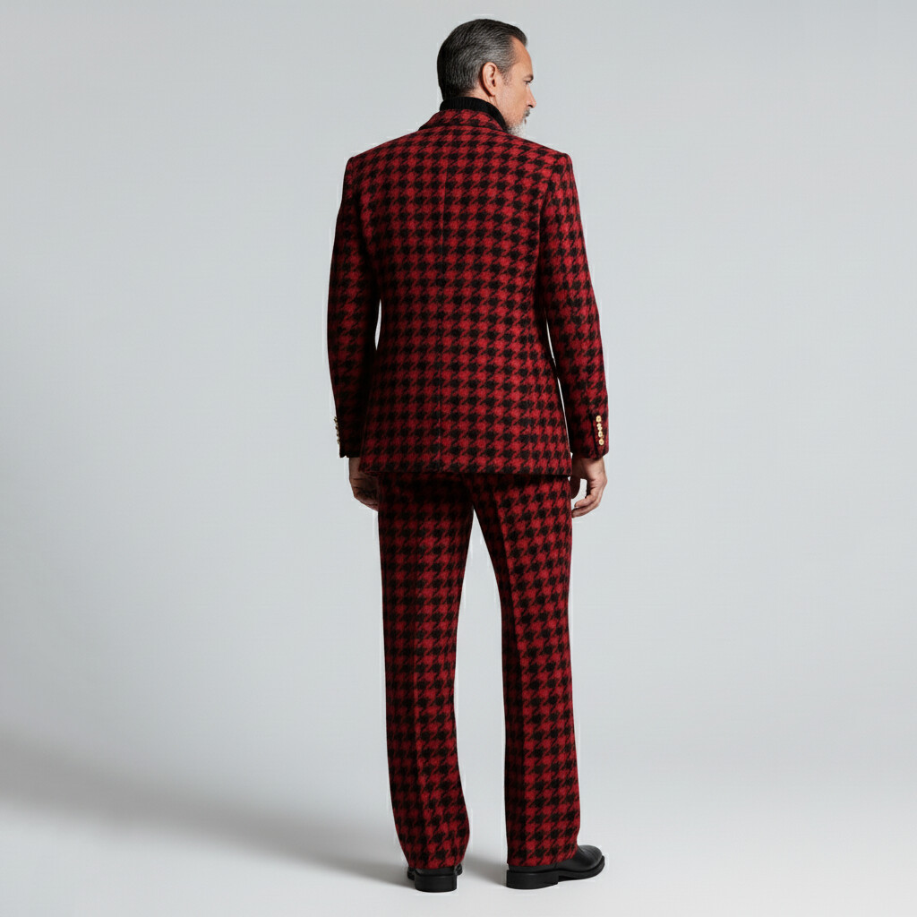 Men's Business Red Houndstooth Pattern Mid Rise Slant Pocket Straight Suit Pants