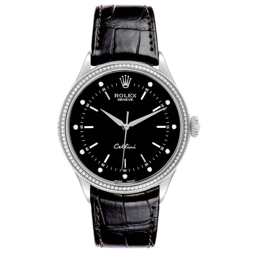 Rolex Cellini Time 39mm White Gold Black Dial Diamond Mens Watch 50609