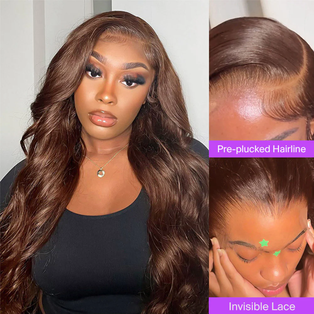 Megalook 6x5 Invisible Knots & 13x4 Lace Frontal Chocolate Brown Body Wave Wigs Realistic Hairline