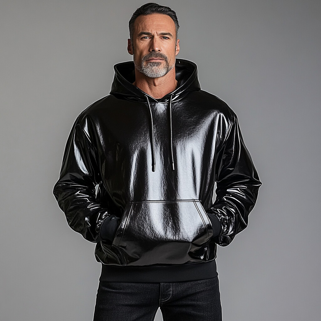 Men's PU Patent Leather Pocket Long Sleeve Drawstring Hoodie