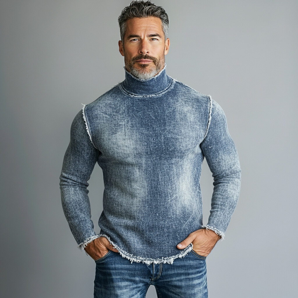 Men's Blue Distressed Denim High Neck Back Button Frayed Edges Long Sleeve Top