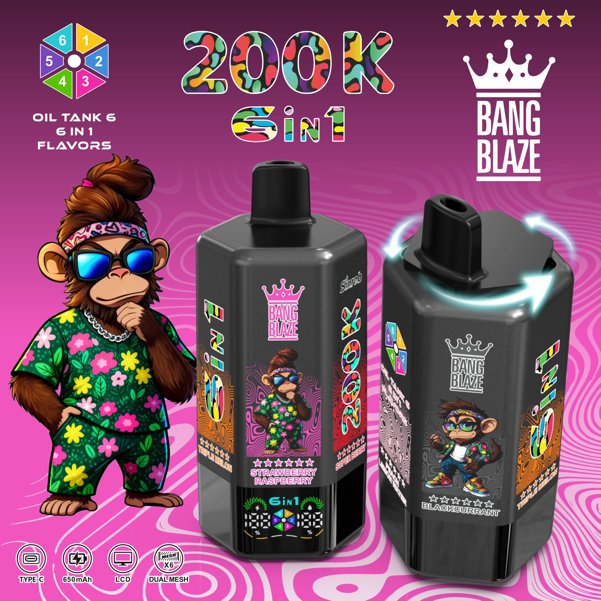 E-papieros Jednorazowy BANG BLAZE 200K Puffs 6 in1 | Ekran LCD | Dostawa 48h| Darmowa wysyłka