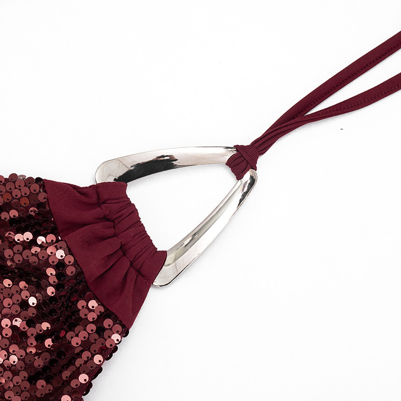 Women Spring Sexy V-Neck Sequined Hardware Buckle Neck Dress