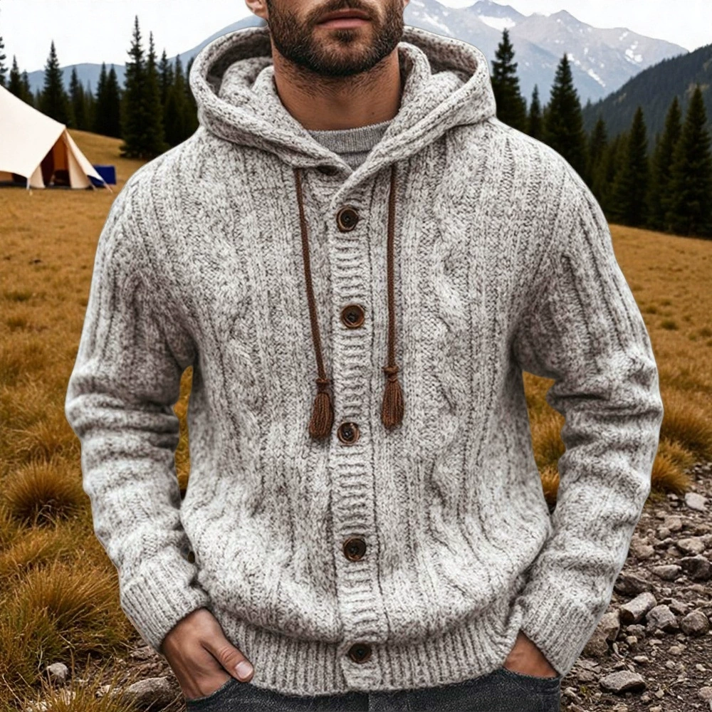 Men's Casual Gray Knitted Single Breasted Long Sleeve Hooded Sweater Coat