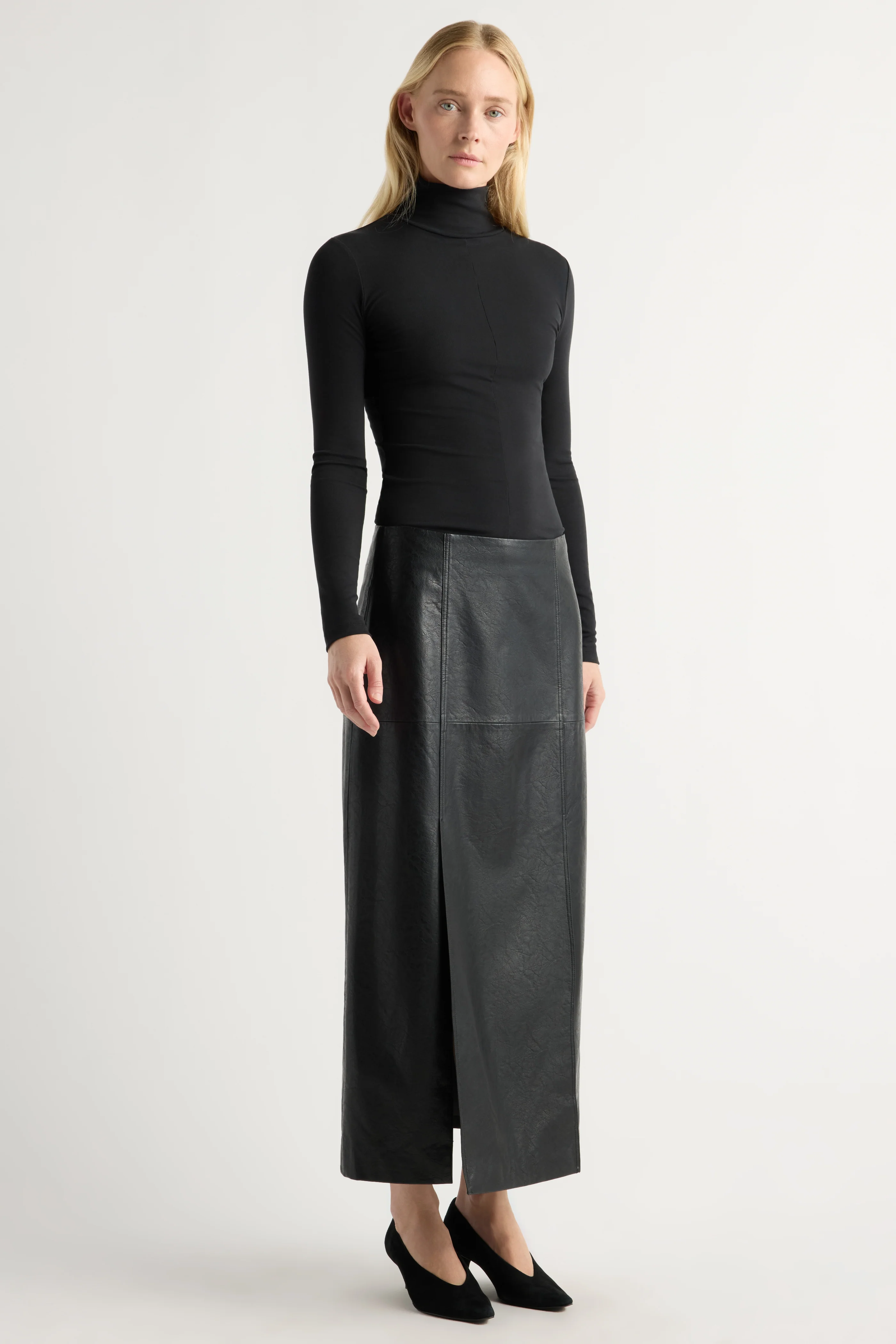 Rama Front-Vent Vegan Leather Skirt