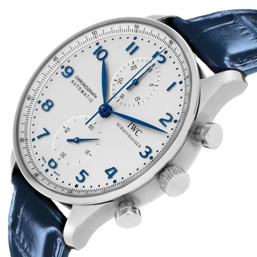 IWC Portuguese Chrono Silver Dial Blue Hands Steel Mens Watch IW371446