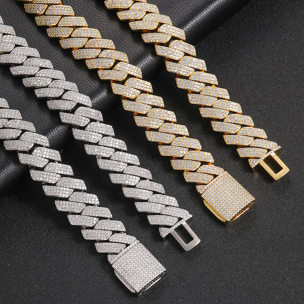 Wholesale Men Hip Hop Jewelry 20mm 3 Rows Gold Chunky Necklace Iced Out Cz Prong Cuban Link Chain Necklace Diamond Cuban Chain