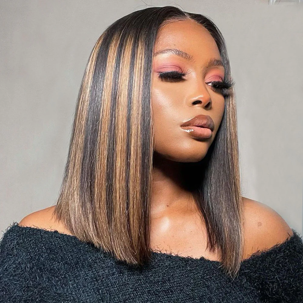 Megalook 6x5 Invisible Knots Auburn Highlights On Black Straight Bob Wigs Beginner Friendly