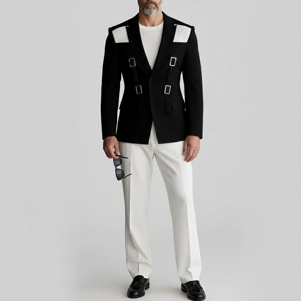 Men's Fashion Solid Cutout Peak Lapel Buckle Straps Single Breasted Long Sleeve Blazers