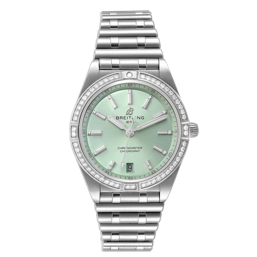 Breitling Chronomat Green Dial Steel Diamond Ladies Watch A10380