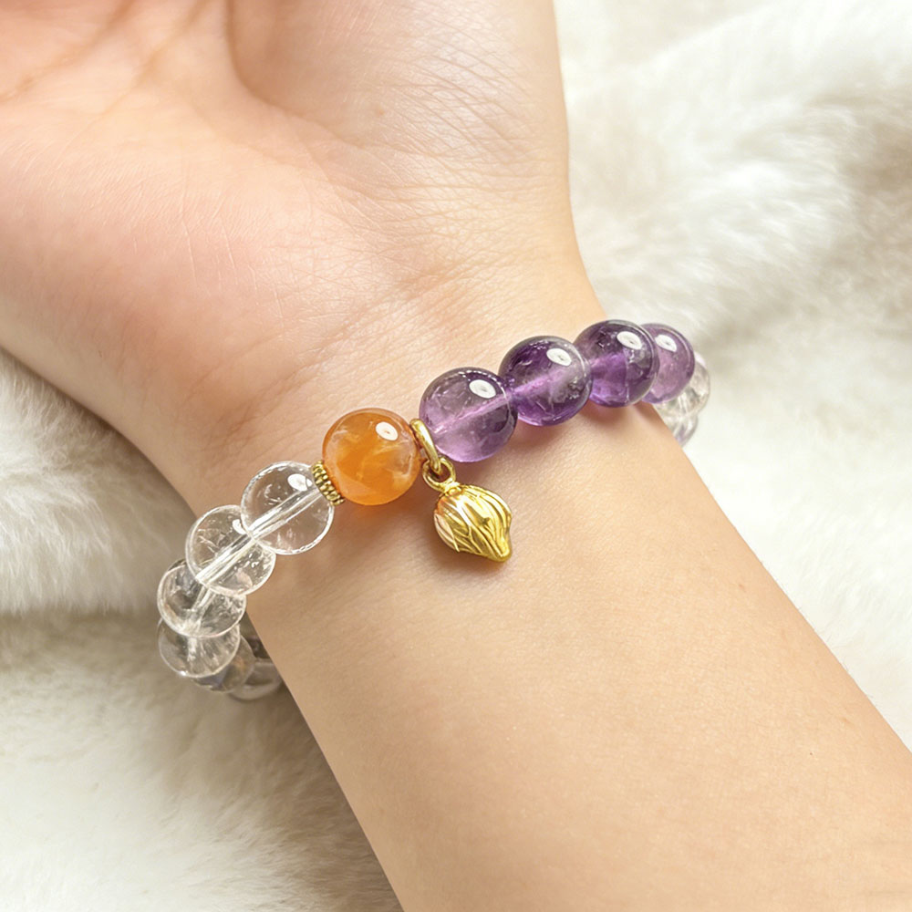 8mm Amethyst + Clear Quartz + Carnelian Bracelet | Balance, Clarity & Abundance