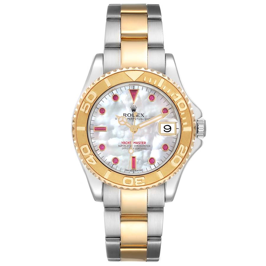 Rolex Yachtmaster 35 Midsize Steel Yellow Gold MOP Ruby Dial Watch 168623
