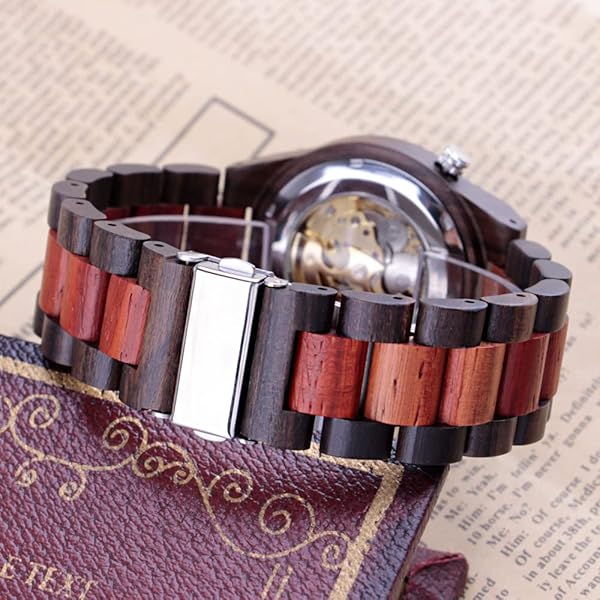 Men's Wooden Watch Triangle Skeleton Automatic Watch Mechanical Wood Watches for Men red&black