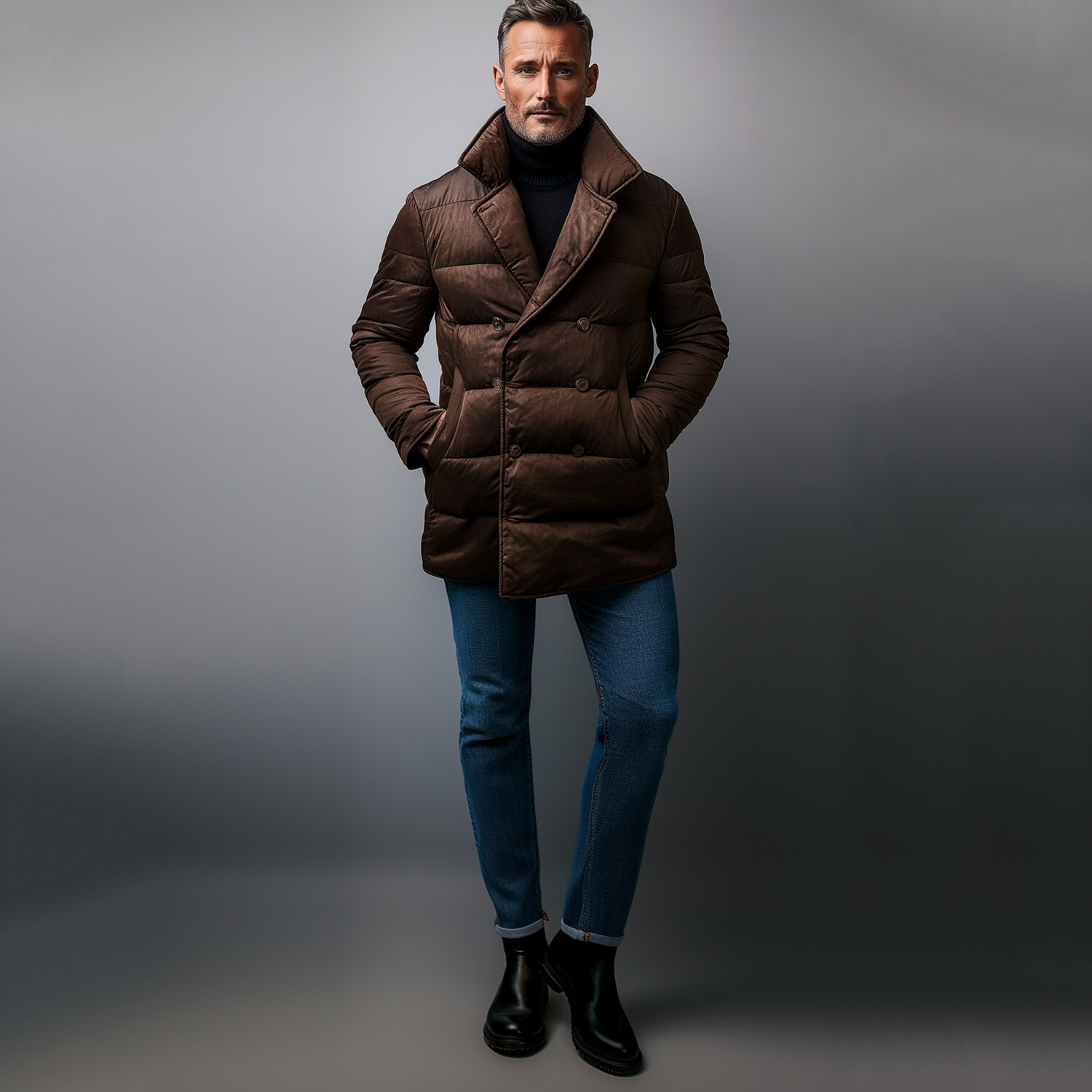 Men's Lapel Collar Double Breasted Pocket Cotton-Padded Coat