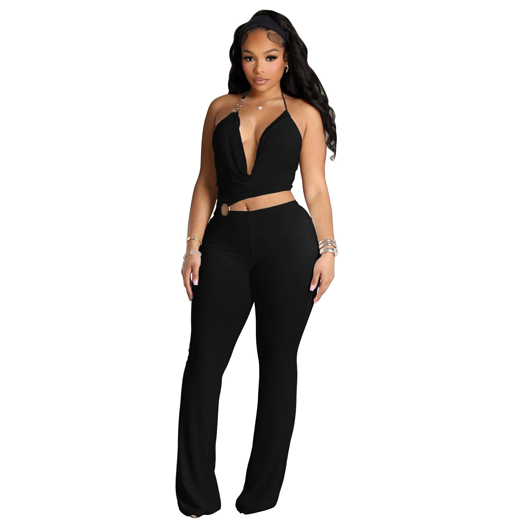 Women’s Circle-Embellished Halter Neck Open-Waist Jumpsuit