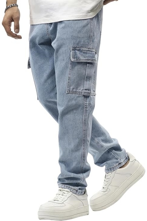 Men's Elastic Waist Cargo Jeans Stretch Denim Pants