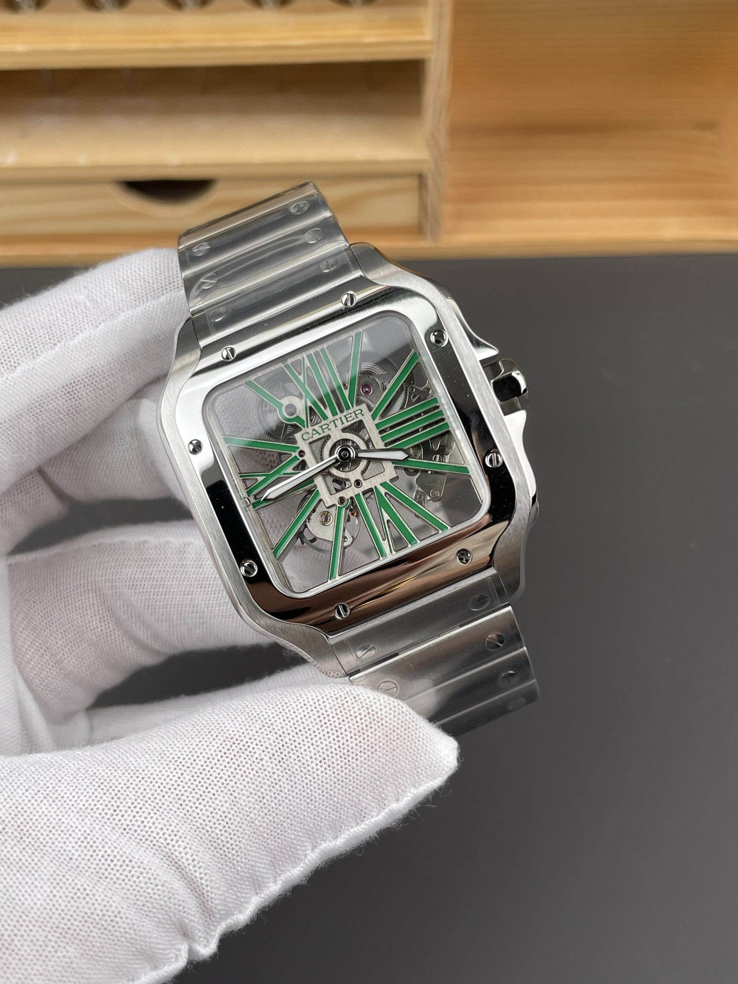Santos Skeleton Series Steel Watch with Green Hands V2 Version