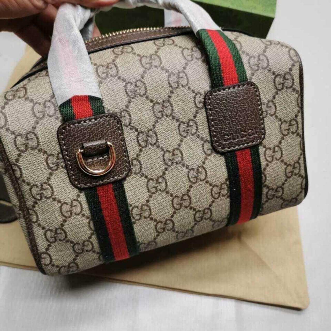 Gucci Mini Gg Duffle Bag Beige And Dark Brown 20cm 859975 Fachl 8844