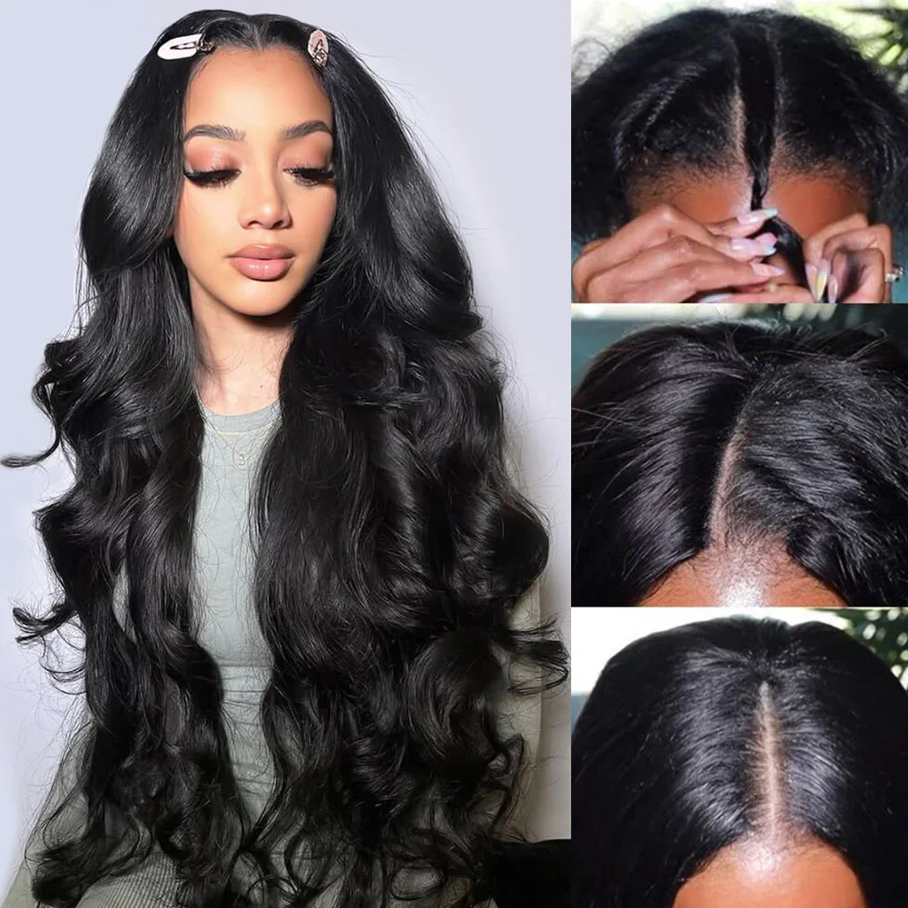 Megalook V Part Glueless Body Wave Wigs Invisi Drawstring Natural Black Seamless Wear