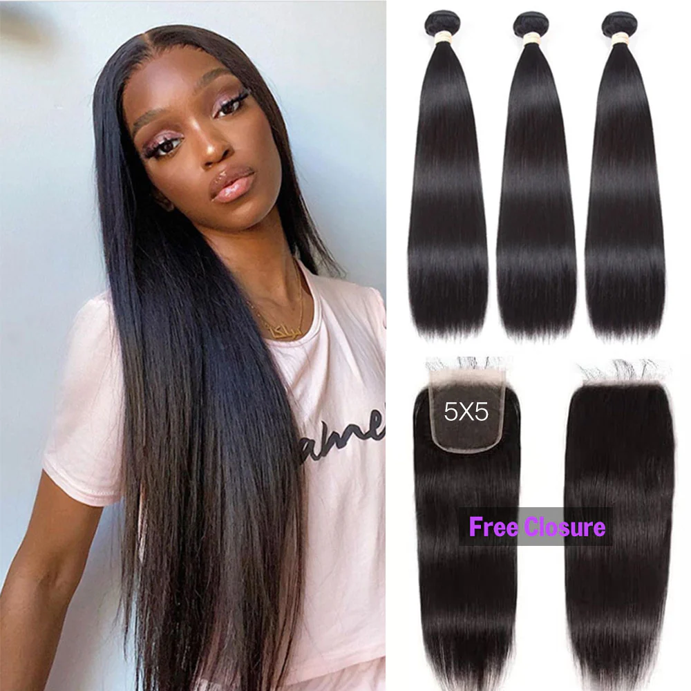 Buy 3 pcs Straight Hair Bundles Get 1 Free 5x5 Lace Closure (Free Part) 100% Brazilian Natural Human Hair Weaves