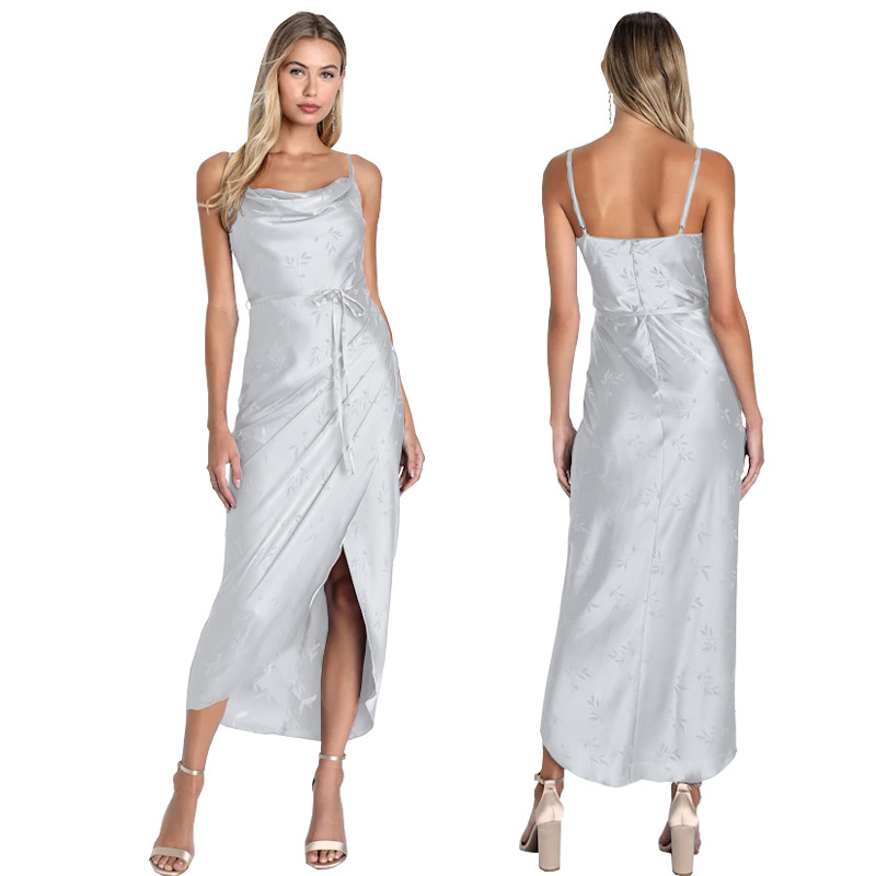 Women Casual Holidays Summer Halter Satin Belt Slit Dress（Processing time need 3-6 days）