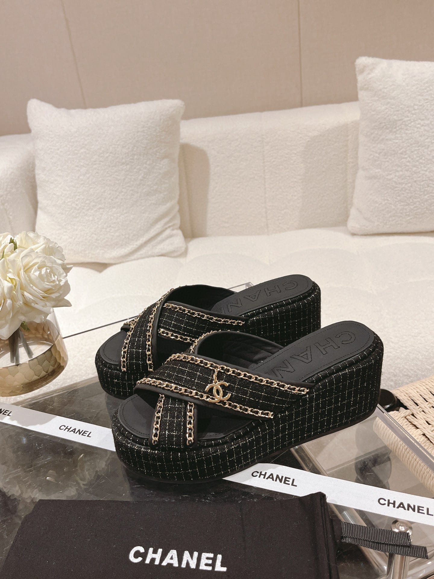 Chanel Tweed Cc Sandal Black