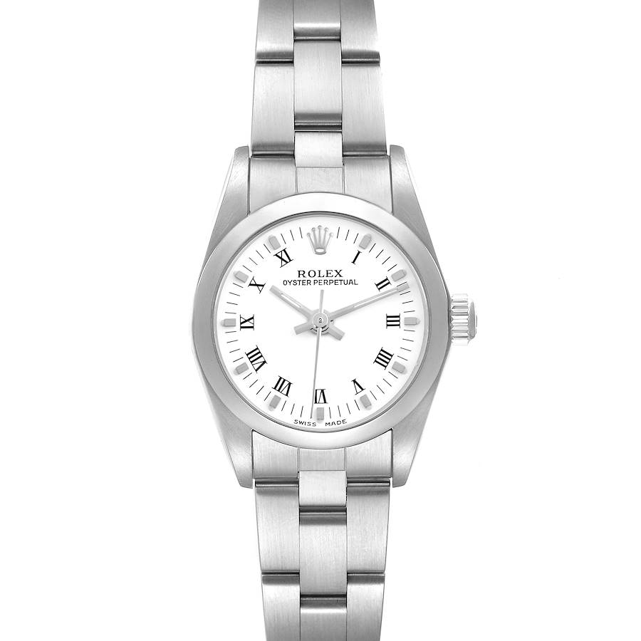 Rolex Oyster Perpetual White Roman Dial Smooth Bezel Steel Ladies Watch 76080