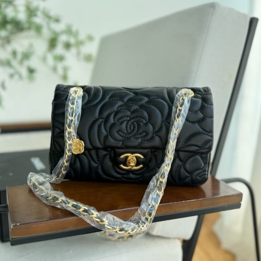 Chanel Flap Bag With Camellia Flower Chain Black 26Cm