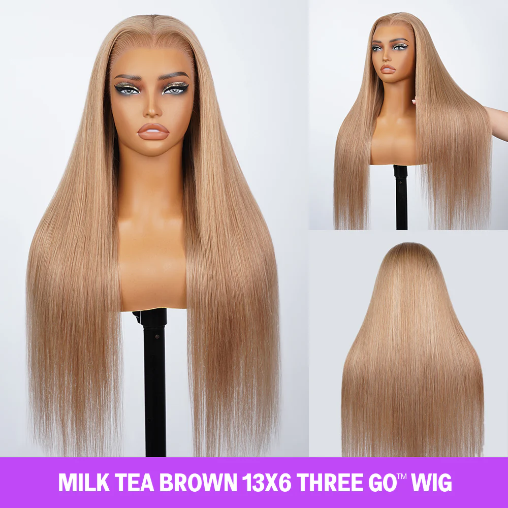 Megalook 13x6 Three-Go™ Milk Tea Brown Glueless Wigs Silky Straight with Drawstring 100% Human Hair Wig