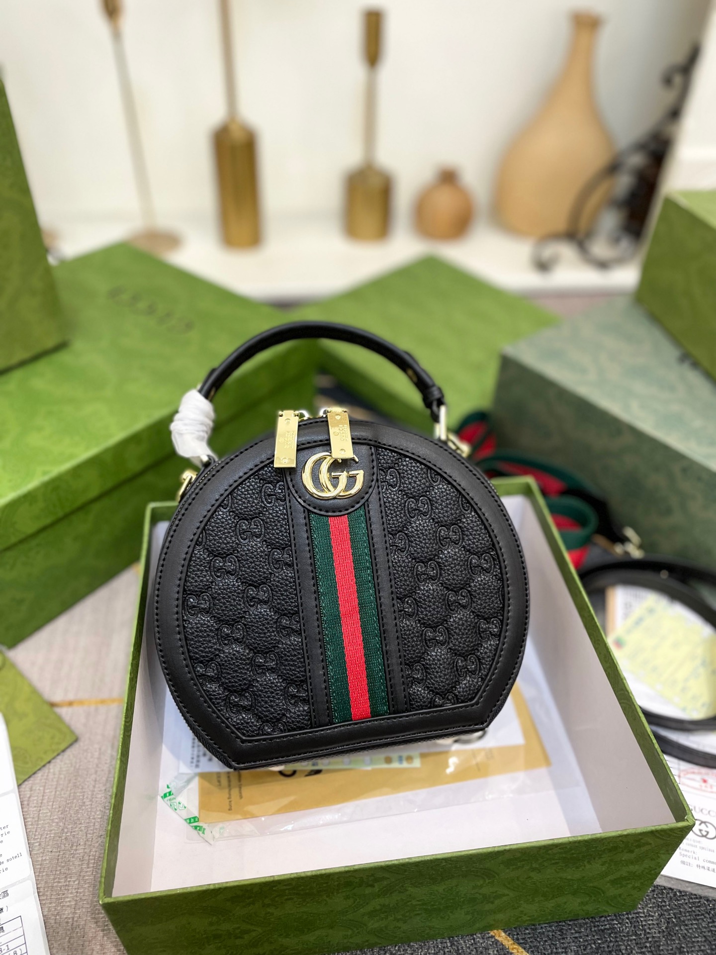 Gucci Ophidian Round Bag Black 20Cm
