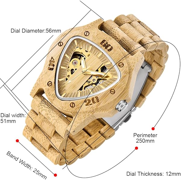 Men's Wooden Watch Triangle Skeleton Automatic Watch Mechanical Wood Watches for Men browm&yellow