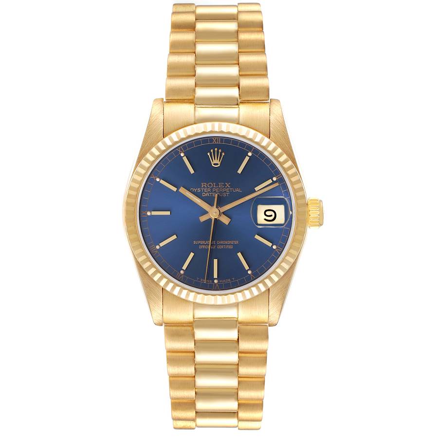 Rolex President Datejust Midsize Blue Dial Yellow Gold Ladies Watch 68278