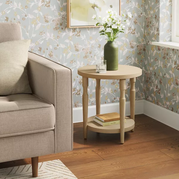 Round Wooden Bedside Table with Storage Shelf