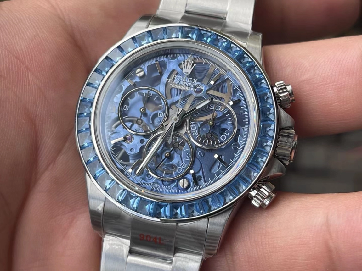 Daytona Arolla N6F Glacial Blue Crystal Skeleton Dial Diamonds Bezel Best Edition on Oyster Bracelet SA4130