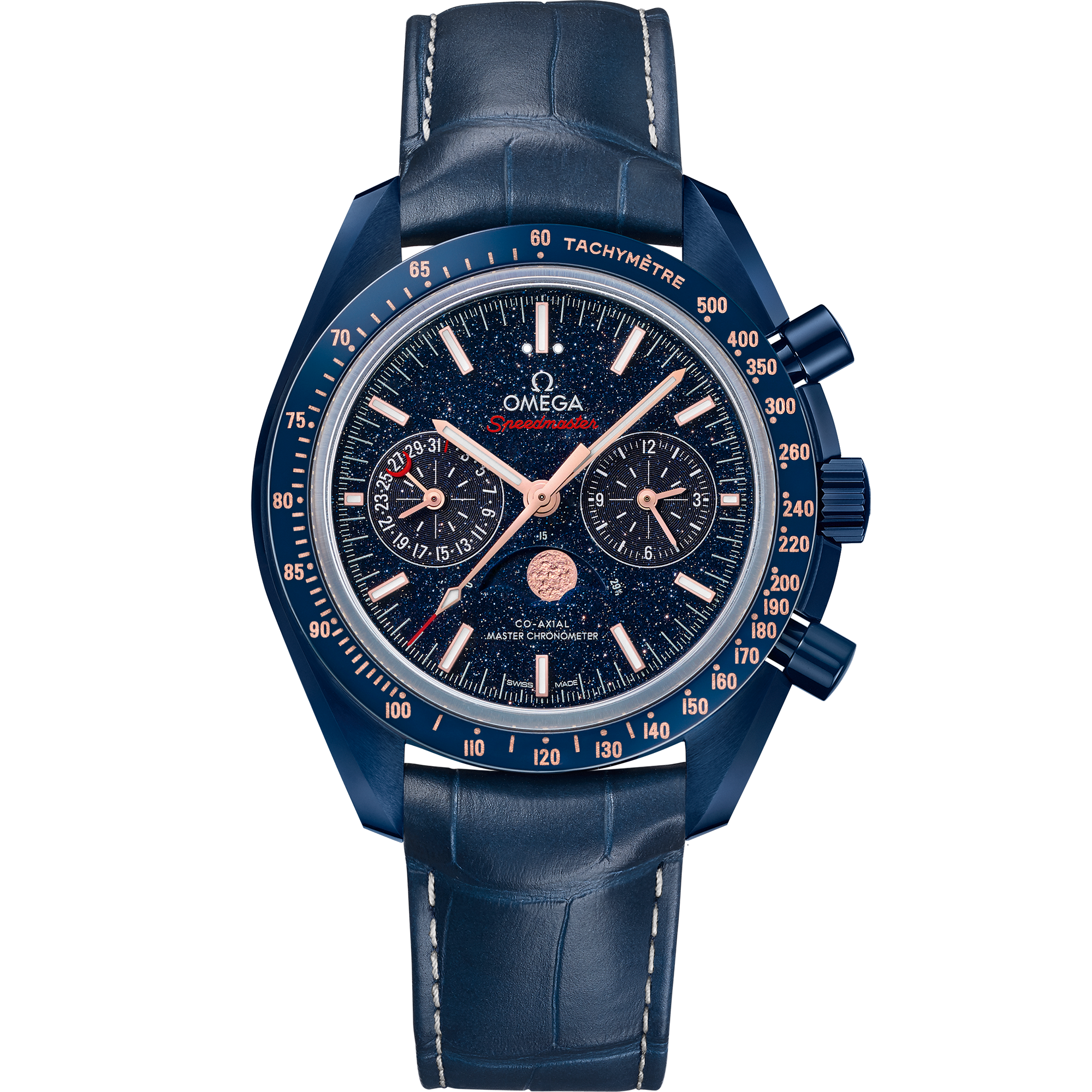 Speedmaster Moonphase 44.25 mm, blue ceramic on leather strap 30493445203001