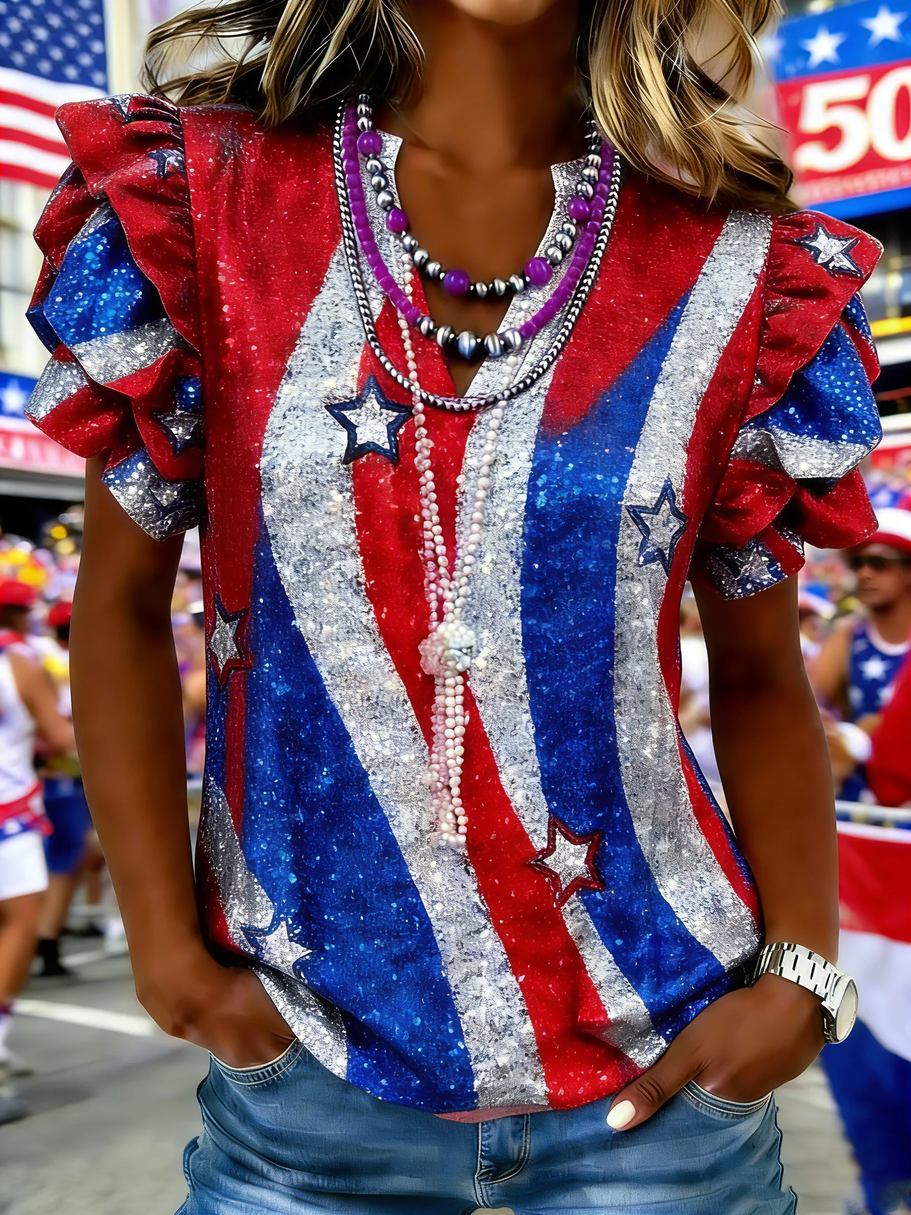 Women's patriotic 250th anniversary printed flag ruffled sleeve top