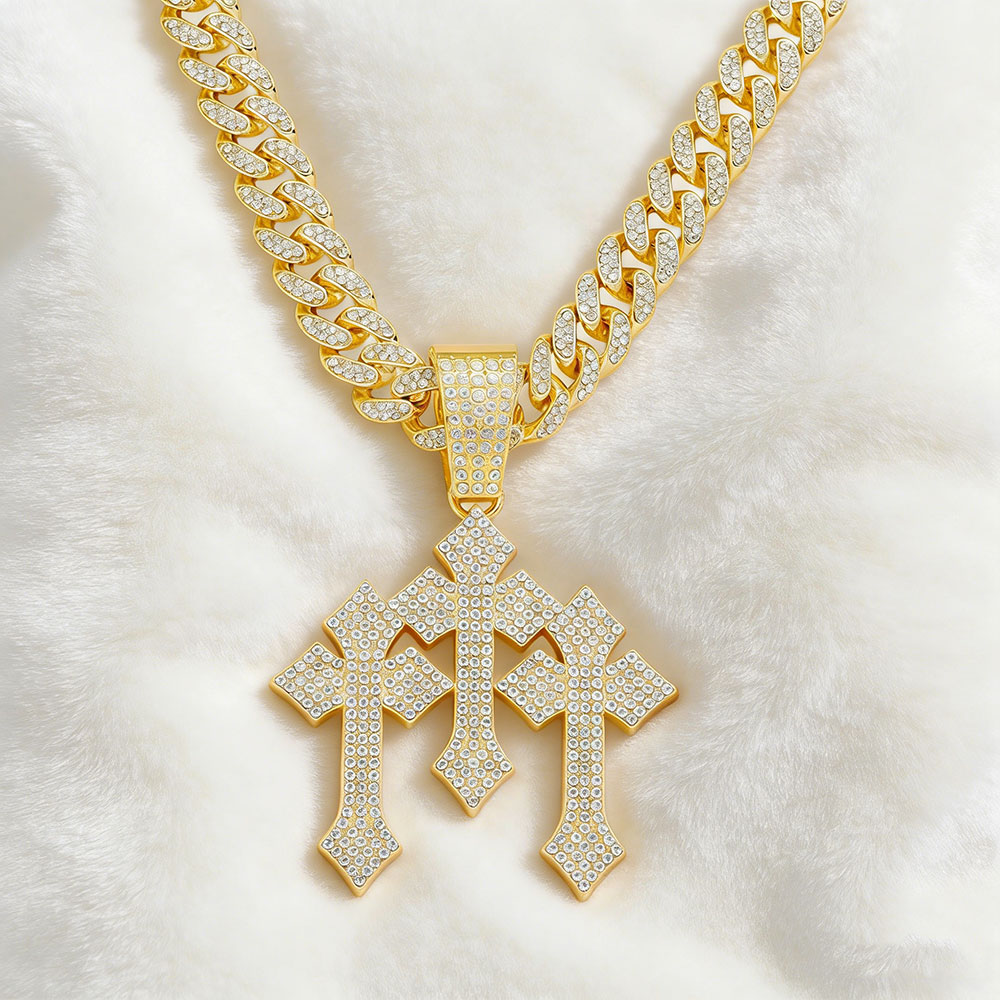 Triple Cross Iced Out Pendant: Divine Protection, Abundance & Spiritual Strength