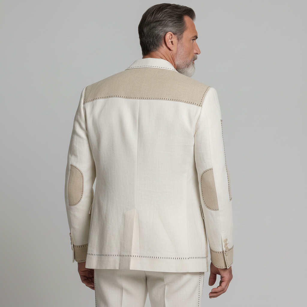 Men's Business Casual Ivory Peak Lapel Top Stitch Design Colorblock Linen Long Sleeve Blazer