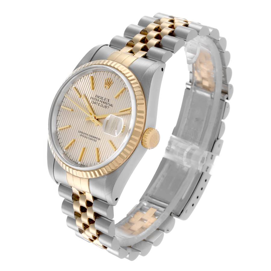 Rolex Datejust 36 Steel Yellow Gold Silver Tapestry Dial Mens Watch 16233