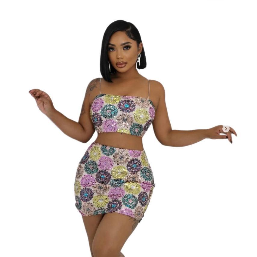 Women Printed Strapless Top and Skirt Sexy Two-Piece Set