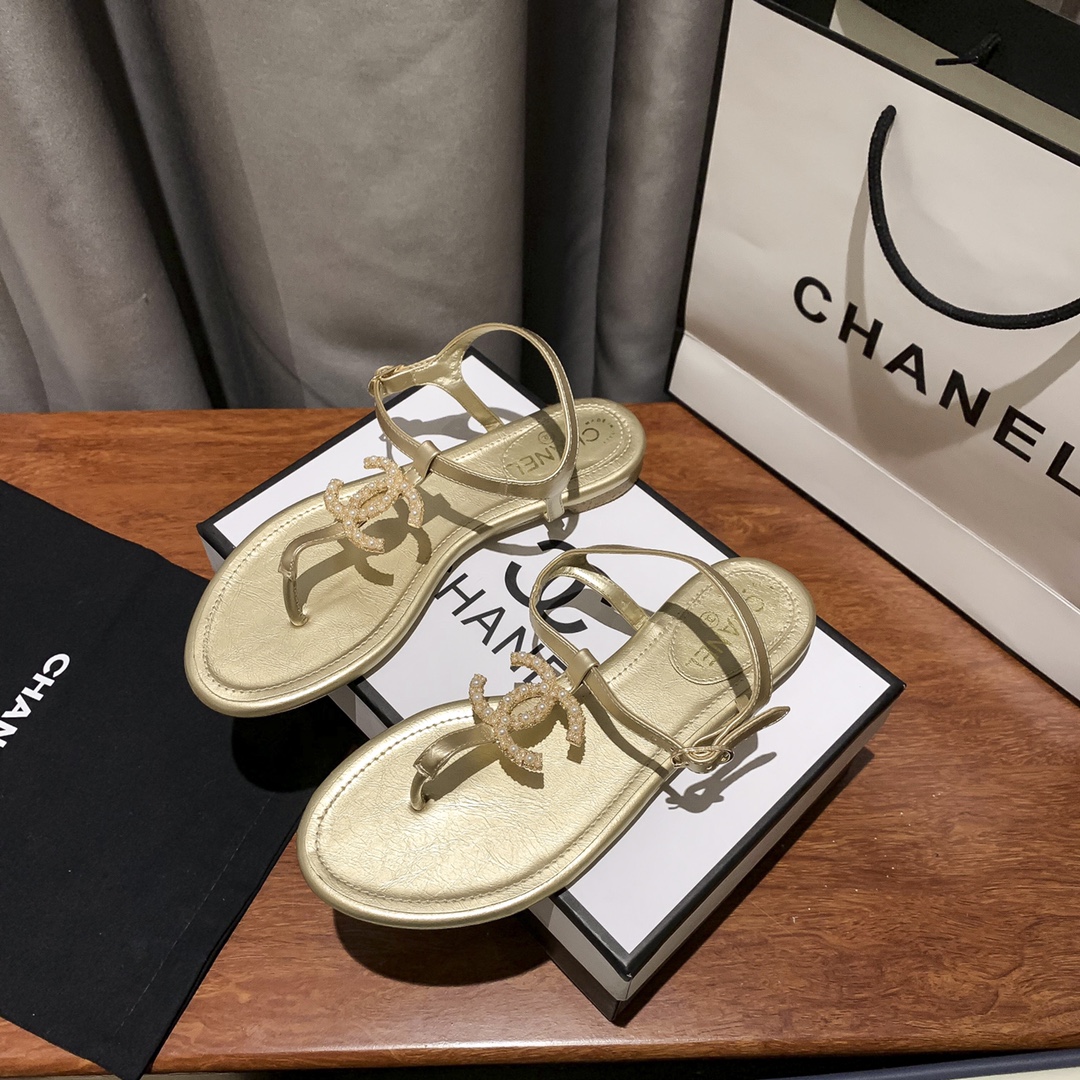 Chanel Gold Pearl Cc Logo Thong Sandals Golden