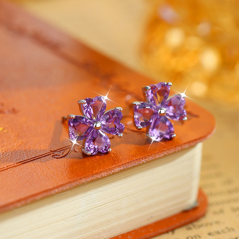GemVibra Clover Stud Earrings, S925 Silver with Multi-Crystal Variants