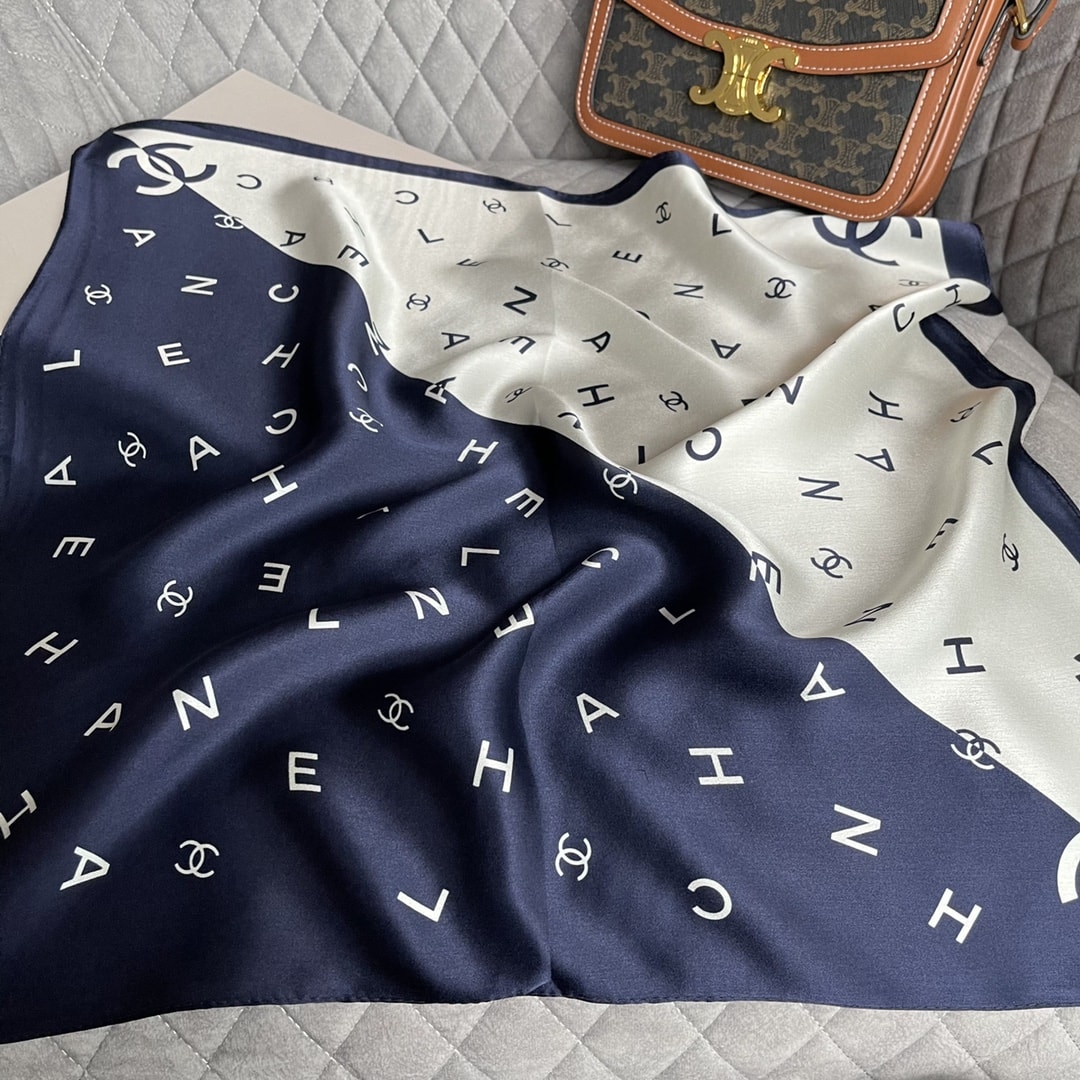 Chanel Multi Letters Square Silk Scarf White Blue