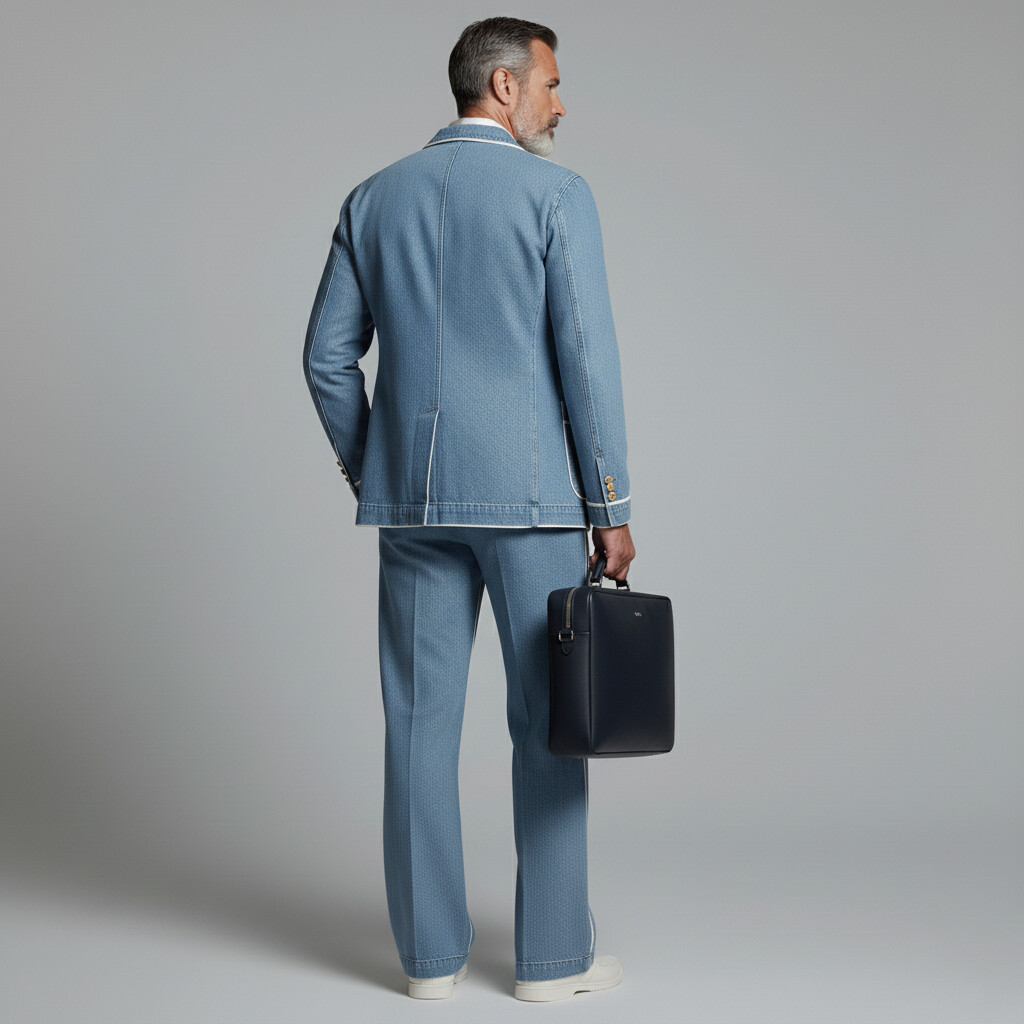 Men's Light Blue Contrast Binding Double Breasted Blazer & Pocket Jeans 2Pcs Set