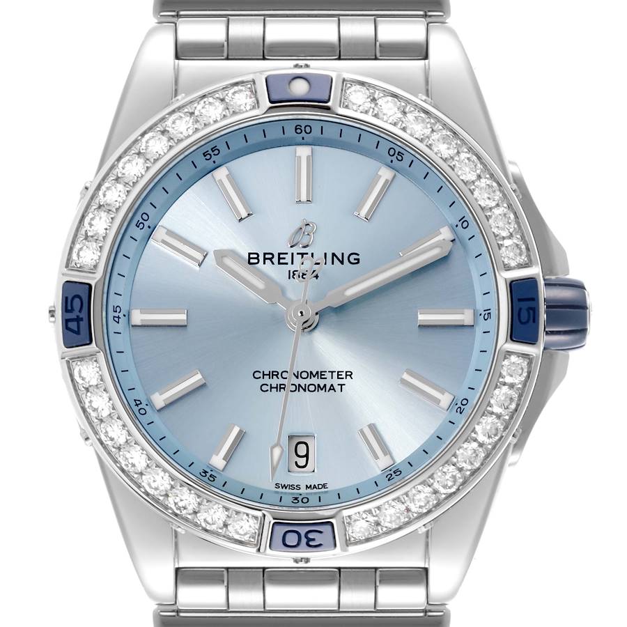 Breitling Super Chronomat Blue Dial Steel Diamond Ladies Watch A17356