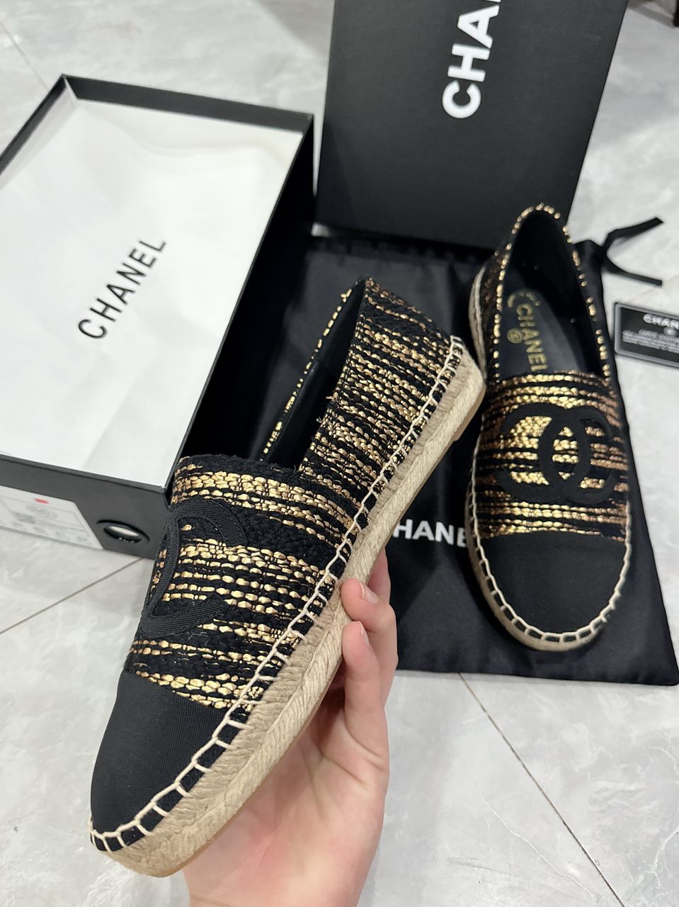 Chanel Metallic Tweed Grosgrain Cc Espadrilles Slip On Gold Black