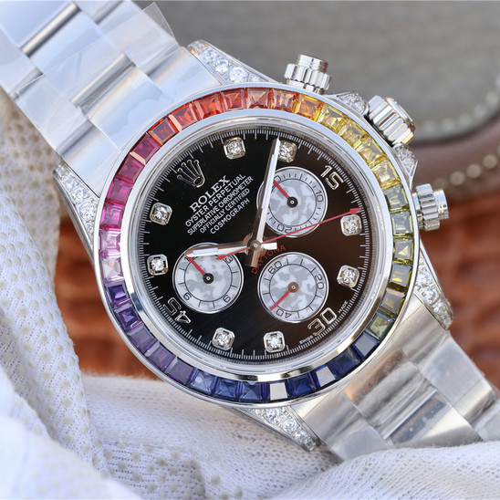 ​Rollie-The Crown Daytona Rainbow Diamond Silver Stainless Steel 40mm